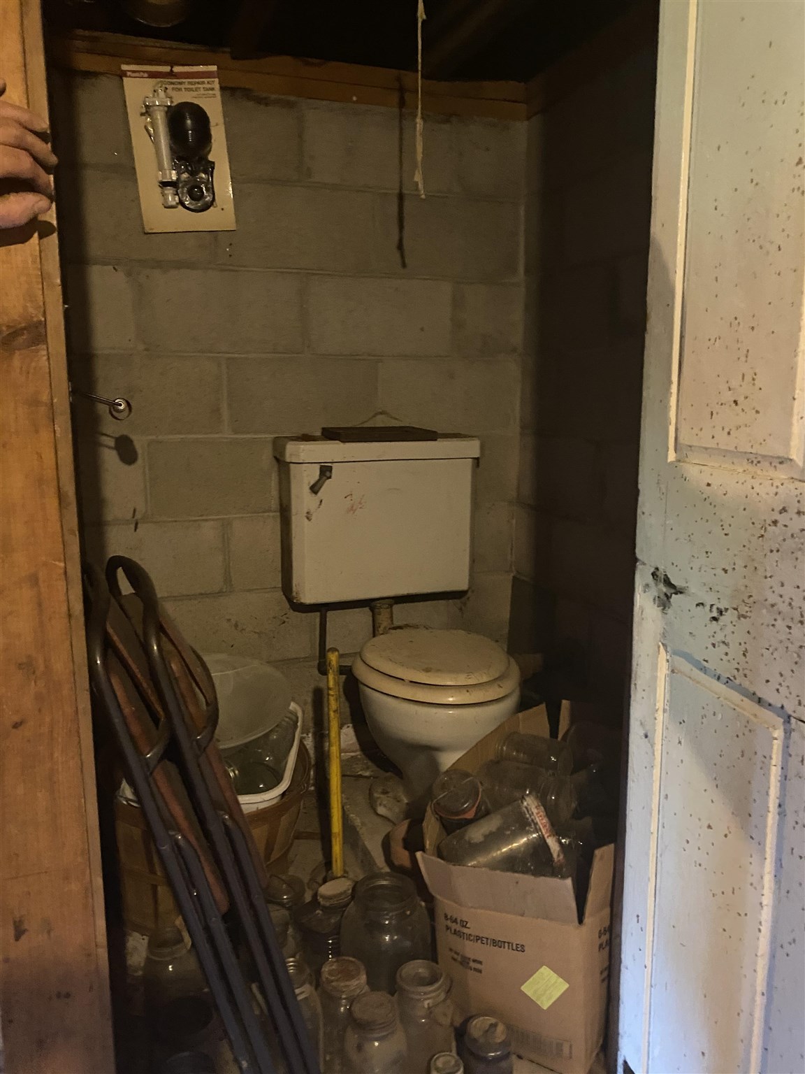 The toilet is hooked up but currently not in use.