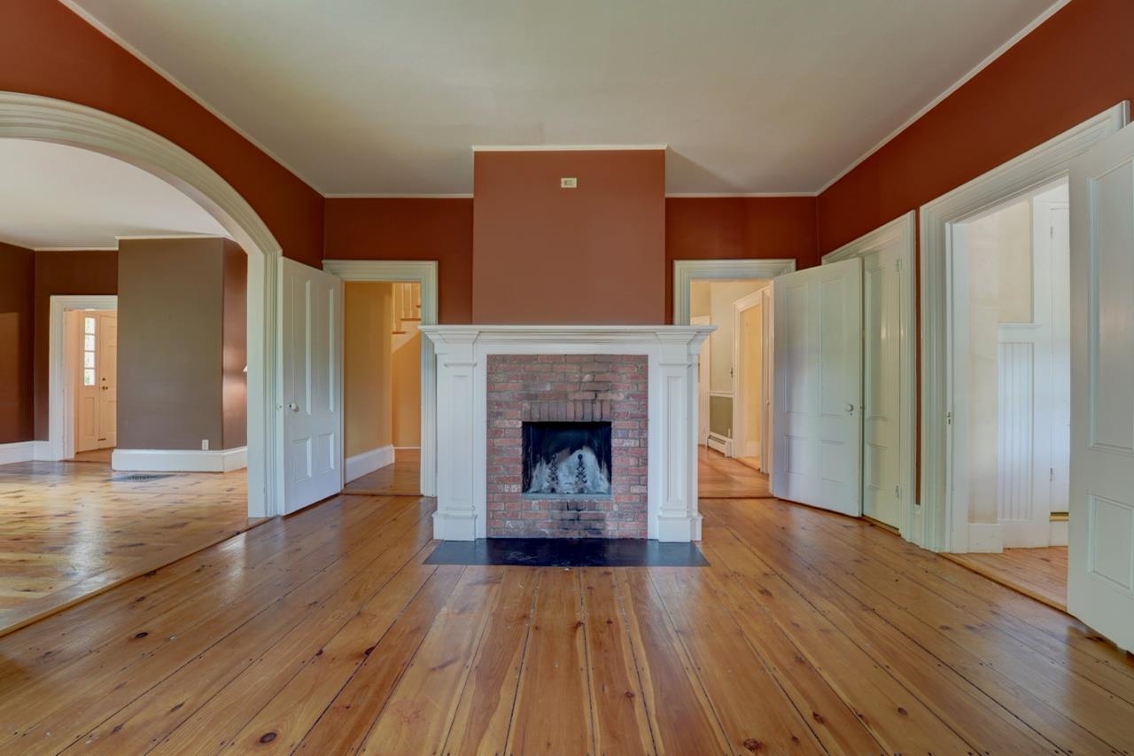 Family room with woodburning fireplace