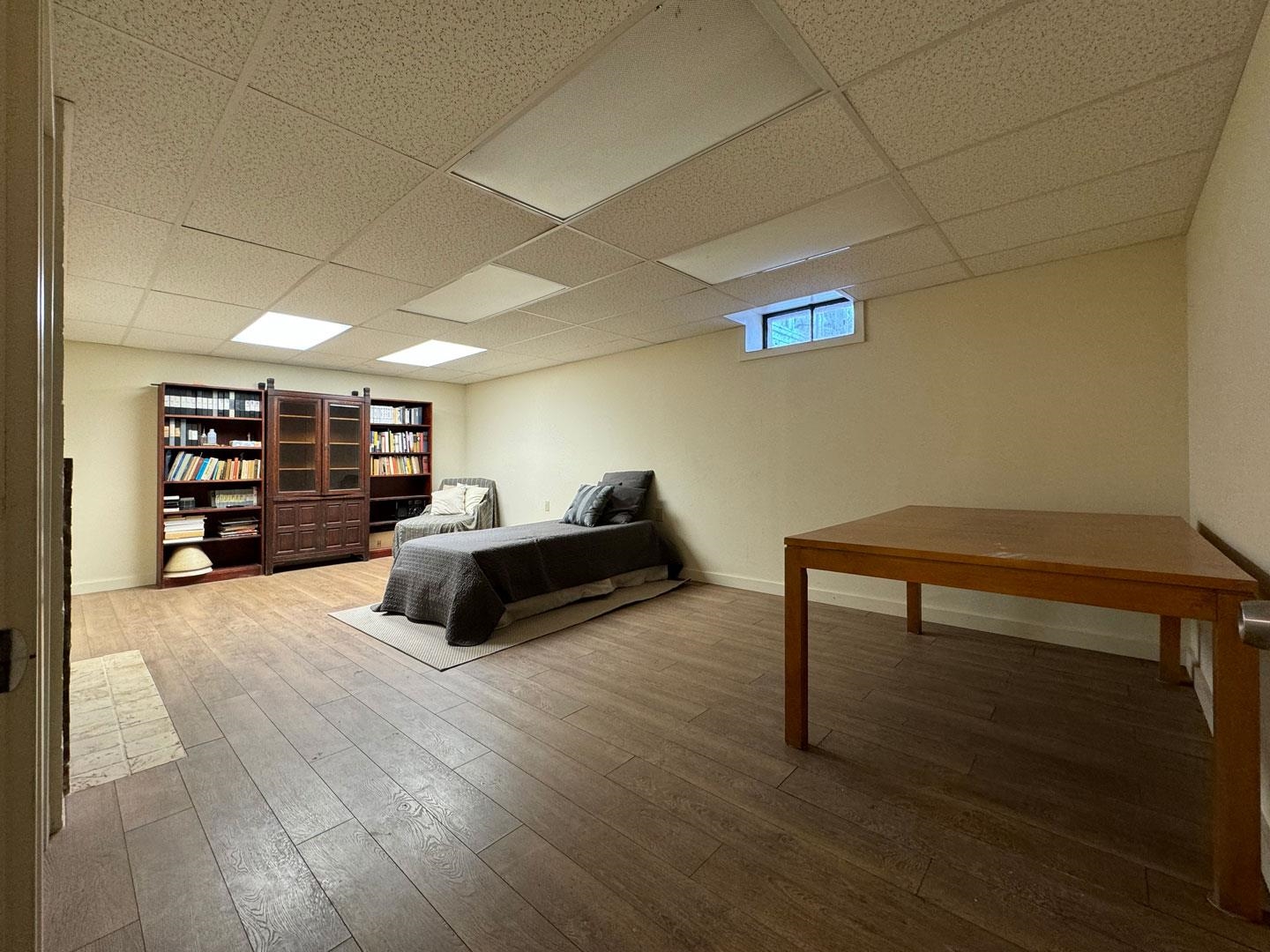 newly finished basement room for office or playroom.