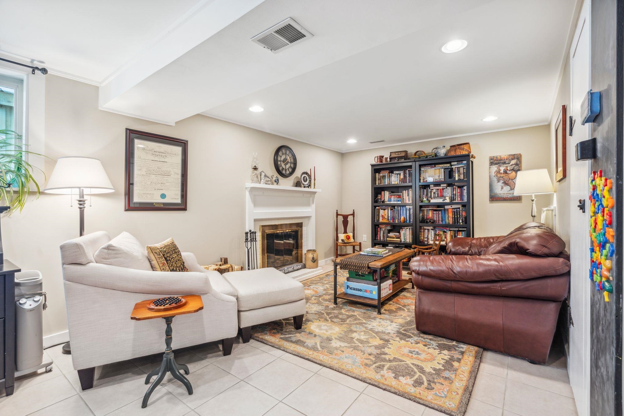 Lower level family room with fireplace