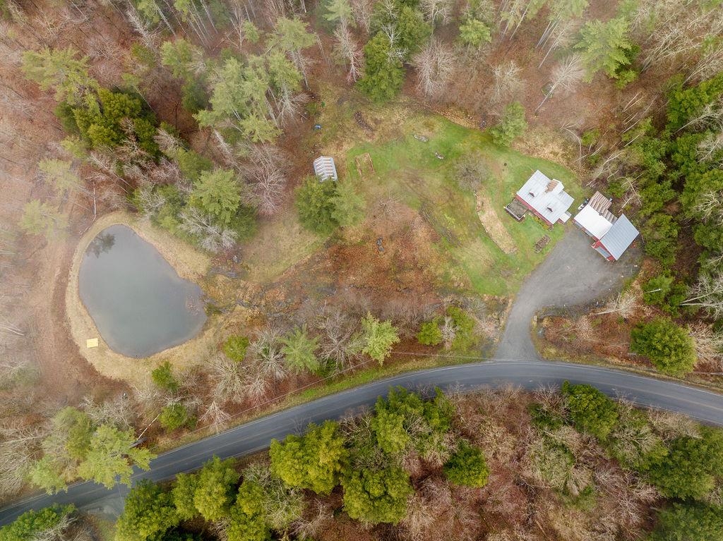 View from above showing house and pond