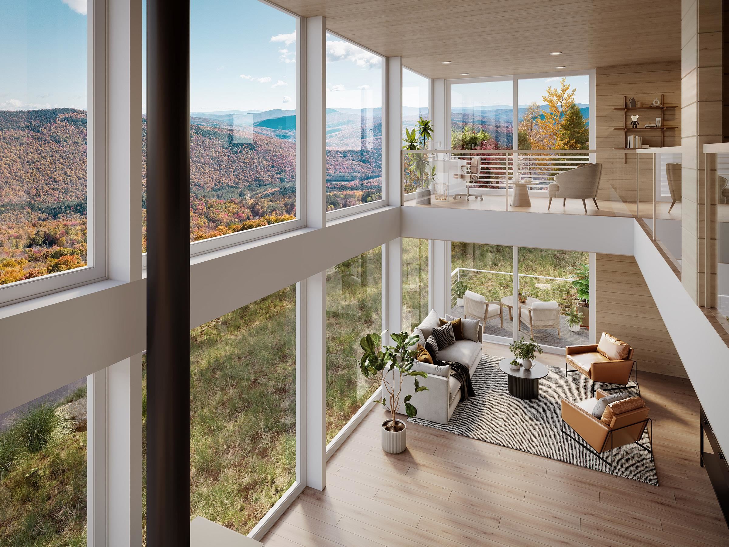Interior rendering with actual photo of view