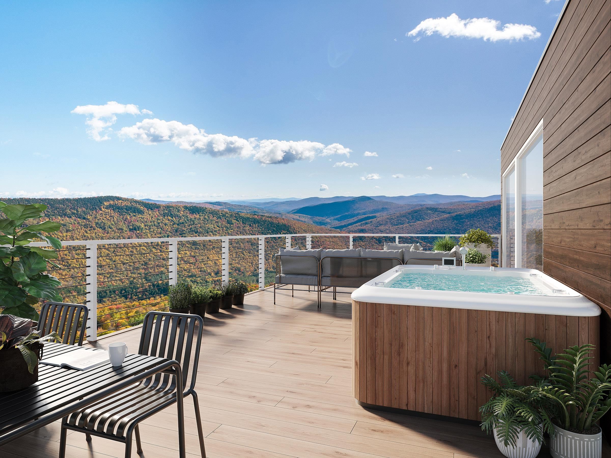 Rendering of roof terrace with photos of views