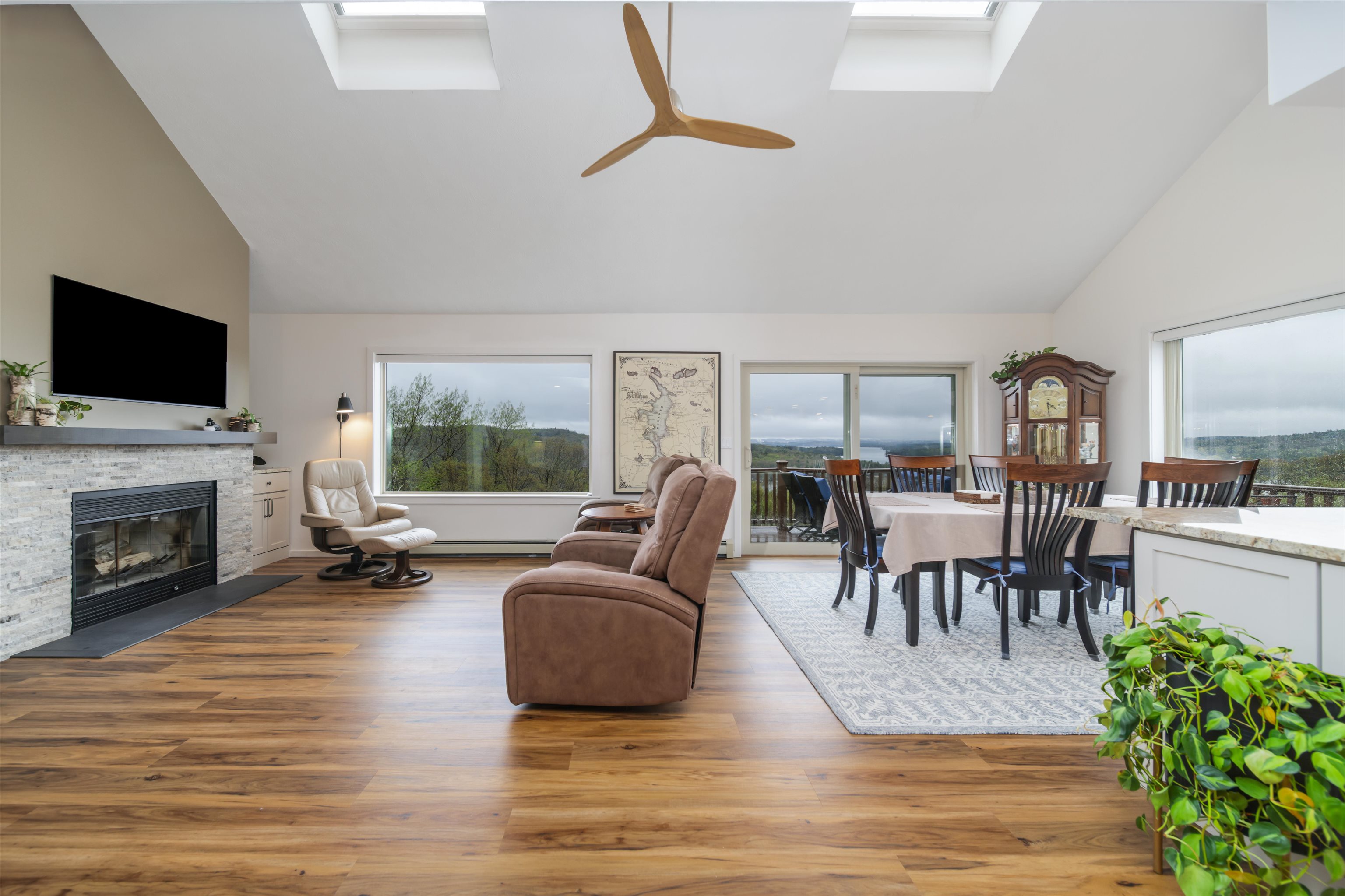 Living area with fireplace, new flooring