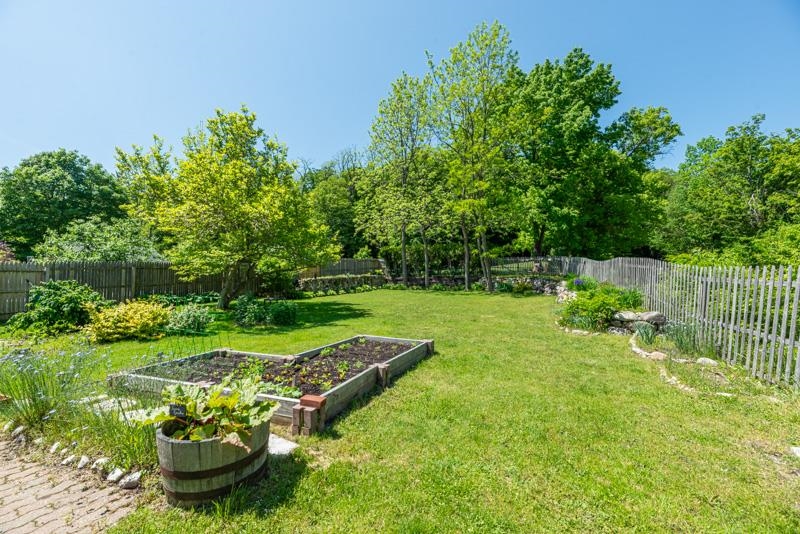 Back yard with garden beds