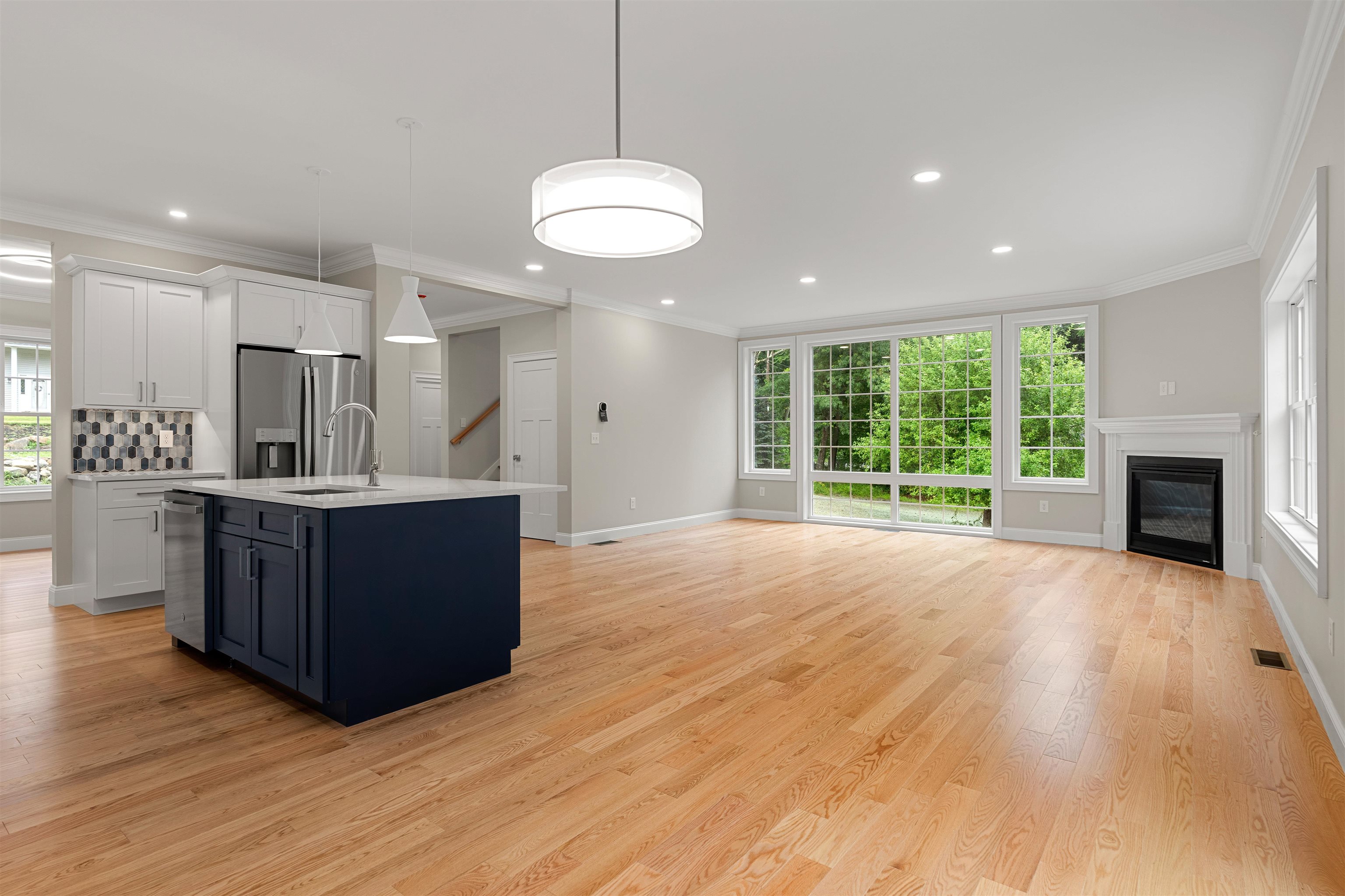Floor to ceiling window and gas fireplace in Great room