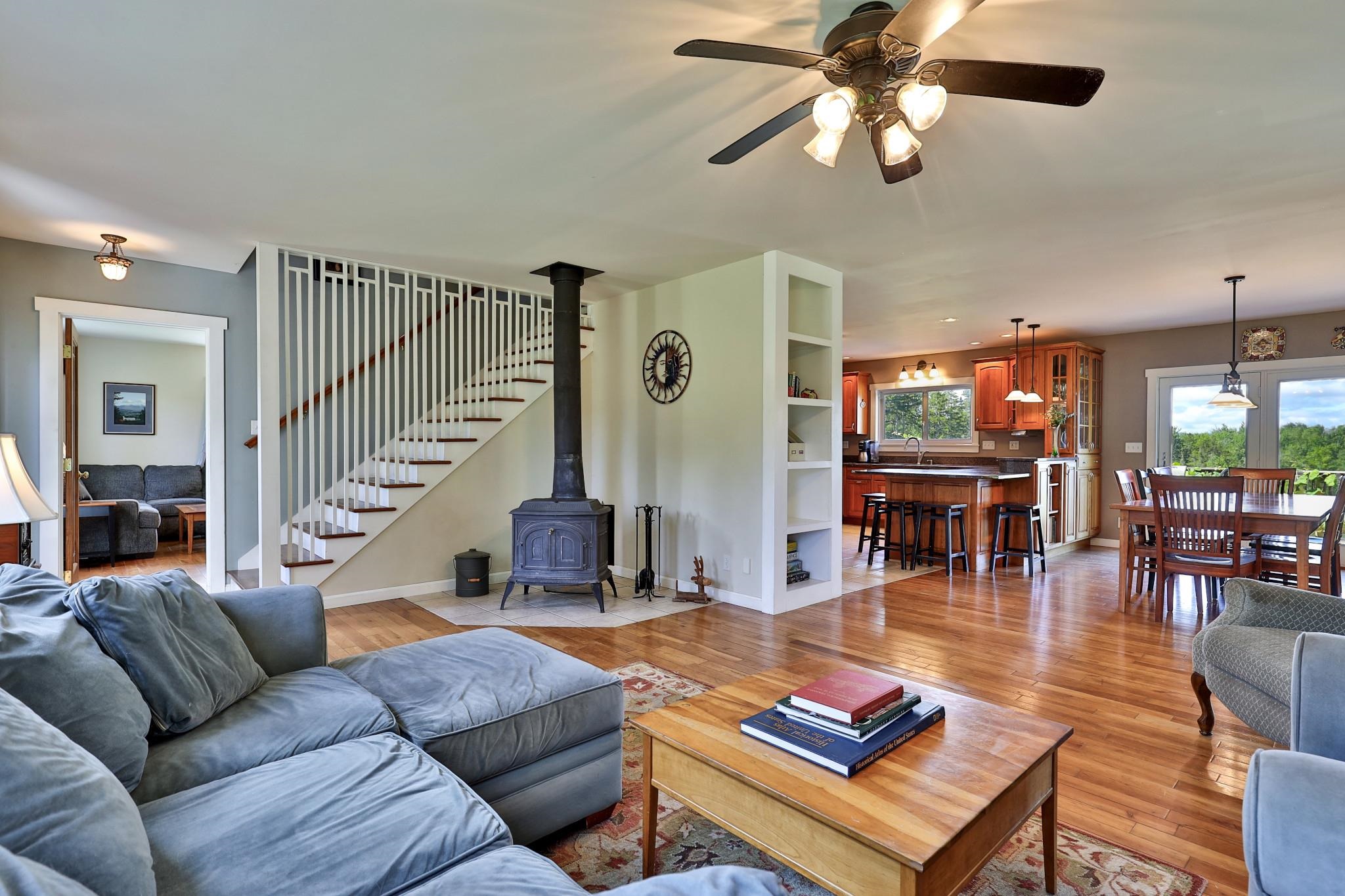 Living room with wood stove and open layout