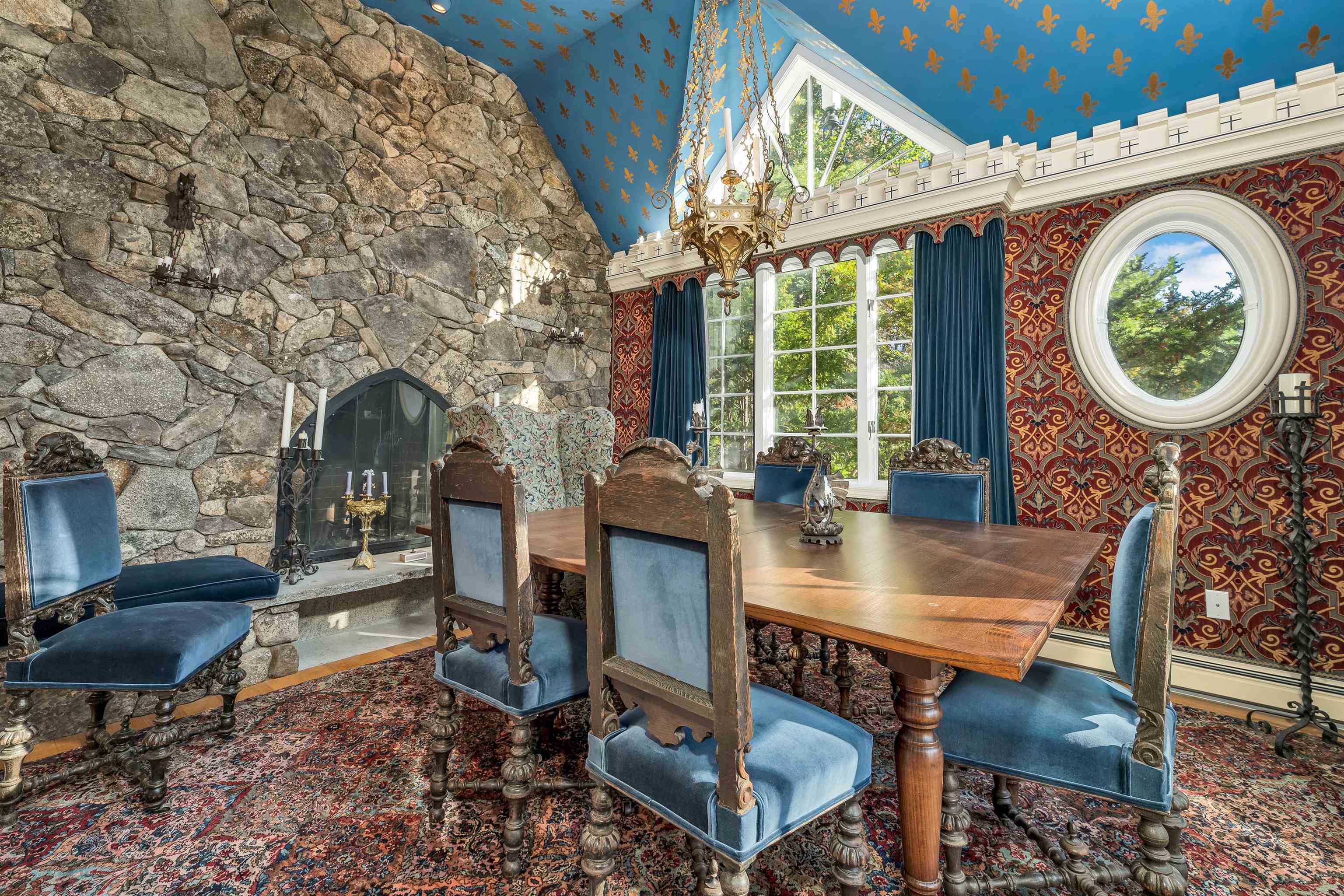 Stone Fireplace in Dining Roo