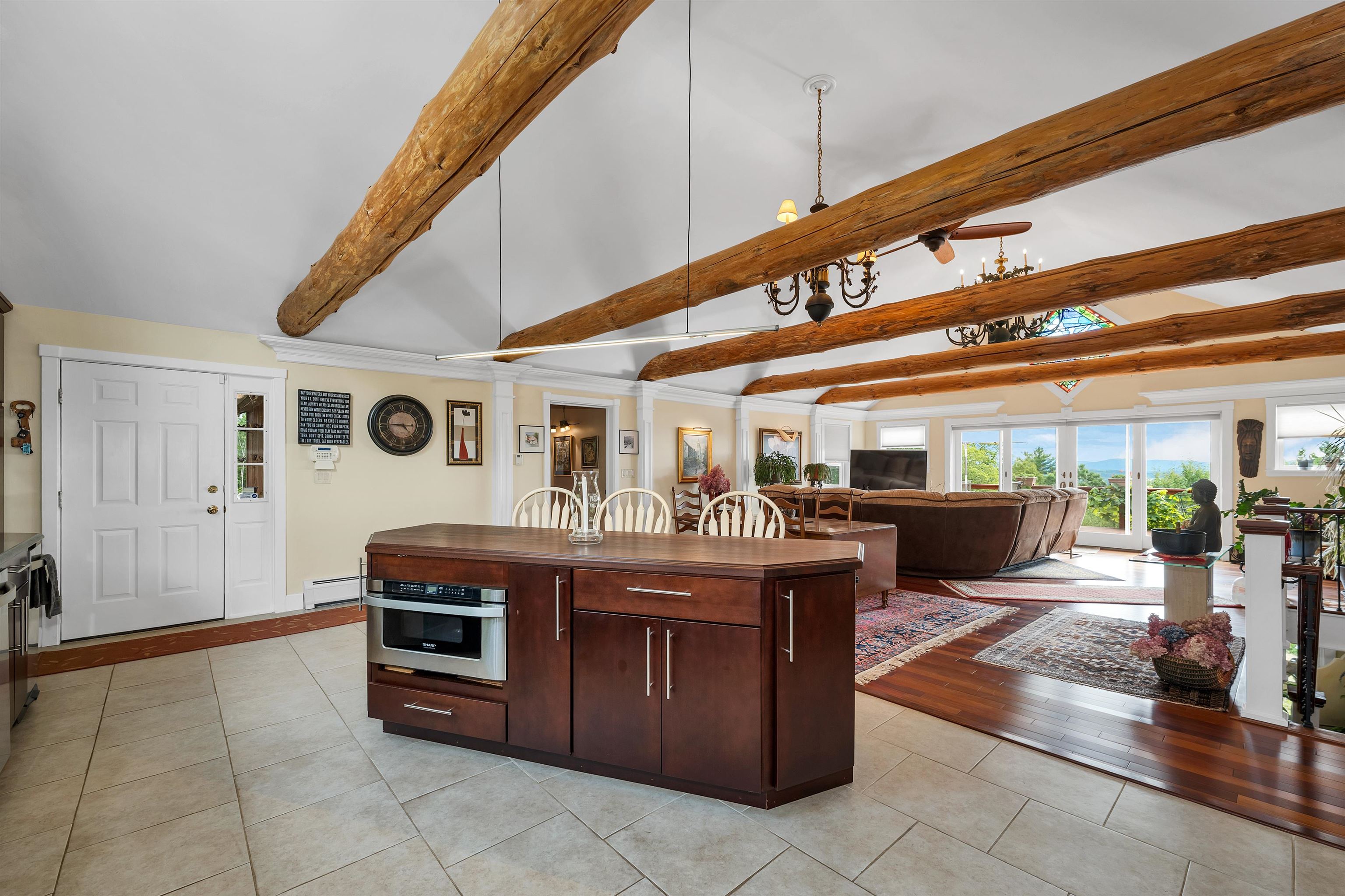 in drawer microwave, exposed beams newly painted ceiling