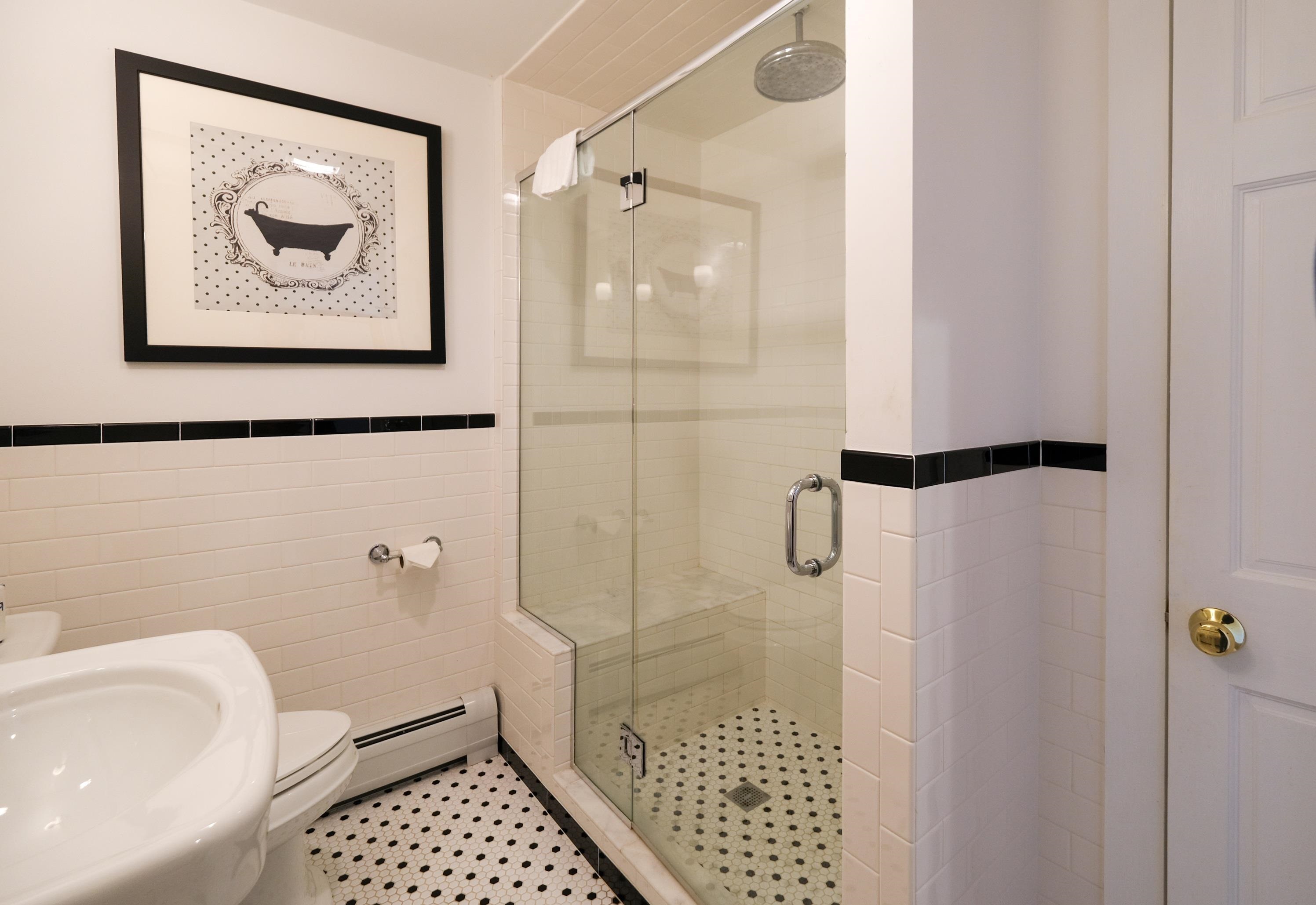 Beautiful glass shower in lower bath 24099220